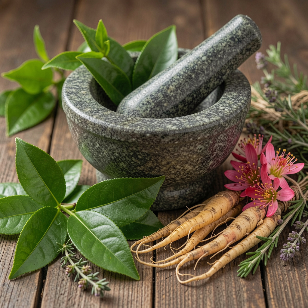 Fresh green tea leaves, ginseng root, rhodiola flowers, and natural herbs displayed with mortar and pestle
